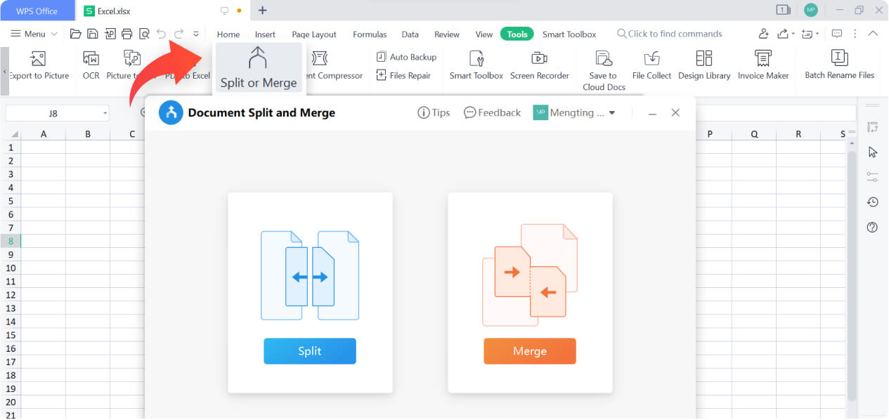 Dividir e juntar ficheiros do Excel com o WPS Spreadsheet