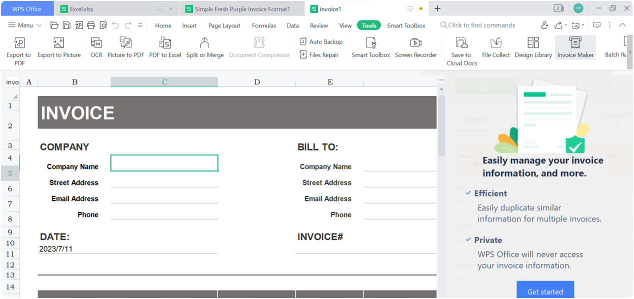 O WPS Spreadsheet oferece uma ferramenta de criação de faturas