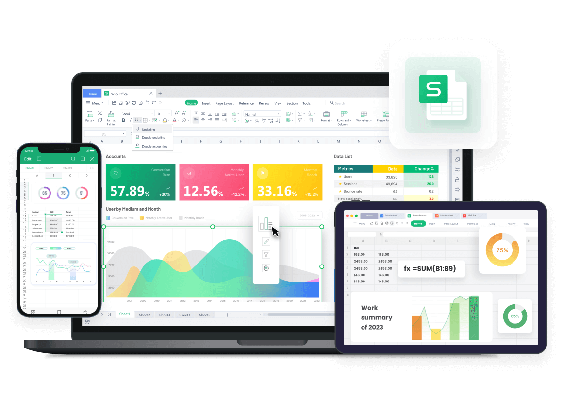 WPS Spreadsheet para PC Windows, Mac, Linux, Android e iOS